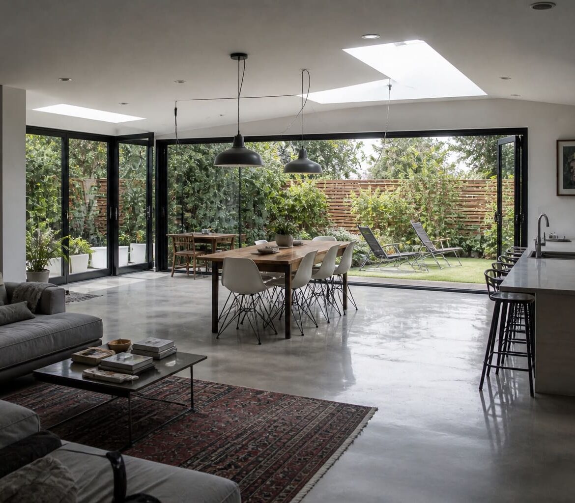 Open plan home extension NW London glass doors garden view - Illustrative Image Open plan home extension NW London glass doors garden view - Illustrative Image