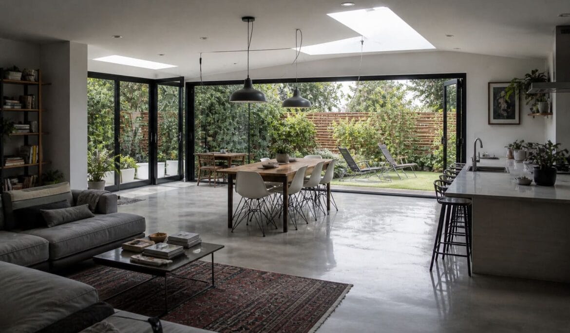Open plan home extension NW London glass doors garden view - Illustrative Image