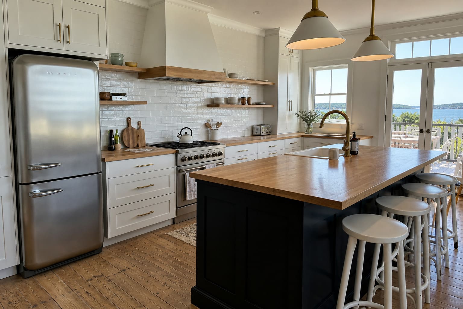 Retro kitchen with black island pendant lighting vintage style - Illustrative Image
