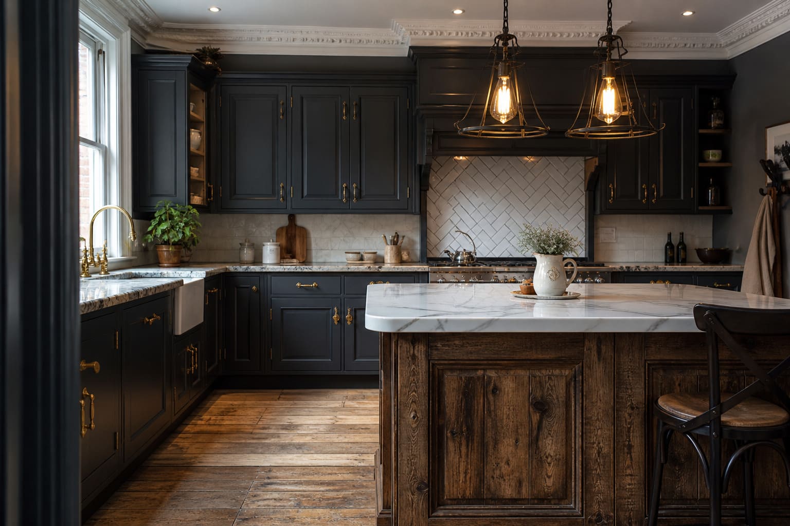 Rustic kitchen W London dark wood cabinets exposed beams industrial accents - Illustrative Image