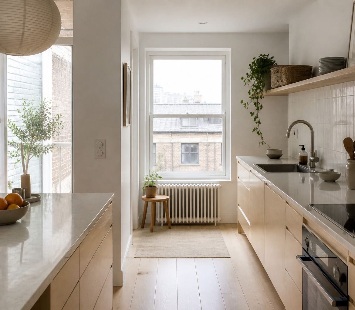 Scandinavian kitchen NW London white cabinets wooden island - Illustrative Image Scandinavian kitchen NW London white cabinets wooden island - Illustrative Image