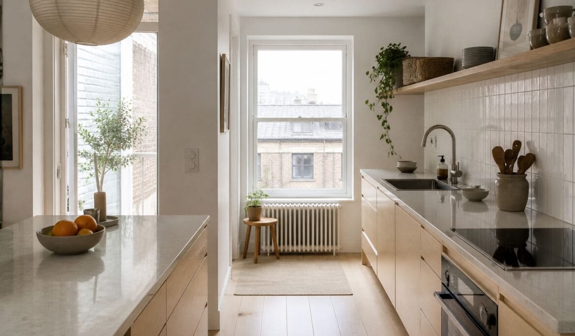 Scandinavian kitchen NW London white cabinets wooden island - Illustrative Image