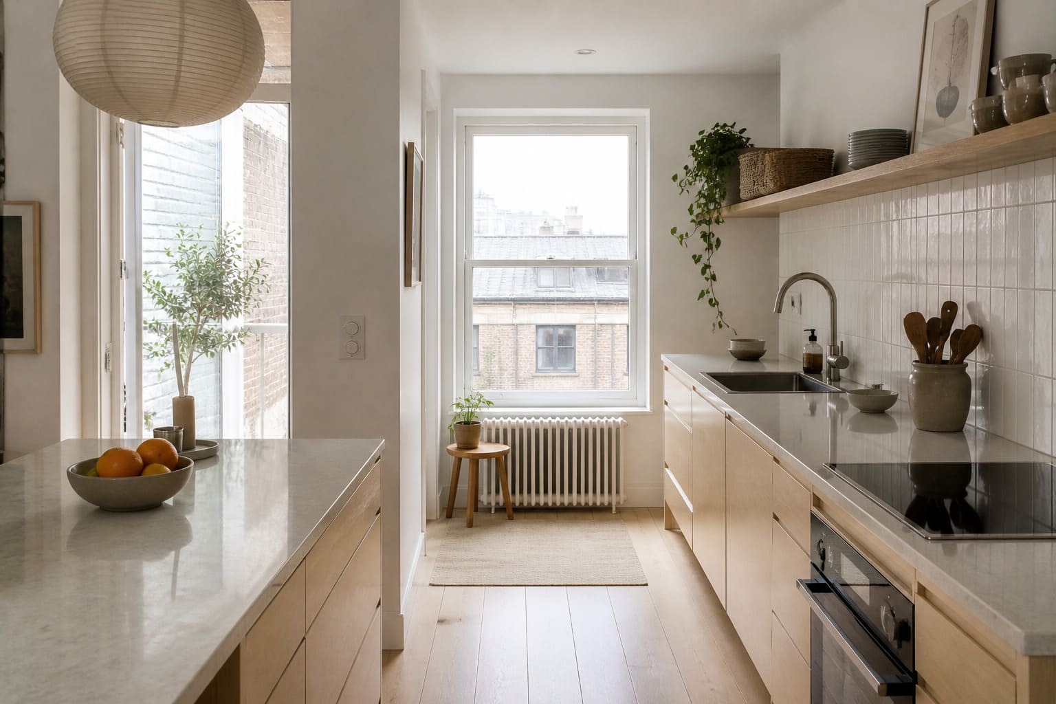 Scandinavian kitchen NW London white cabinets wooden island - Illustrative Image