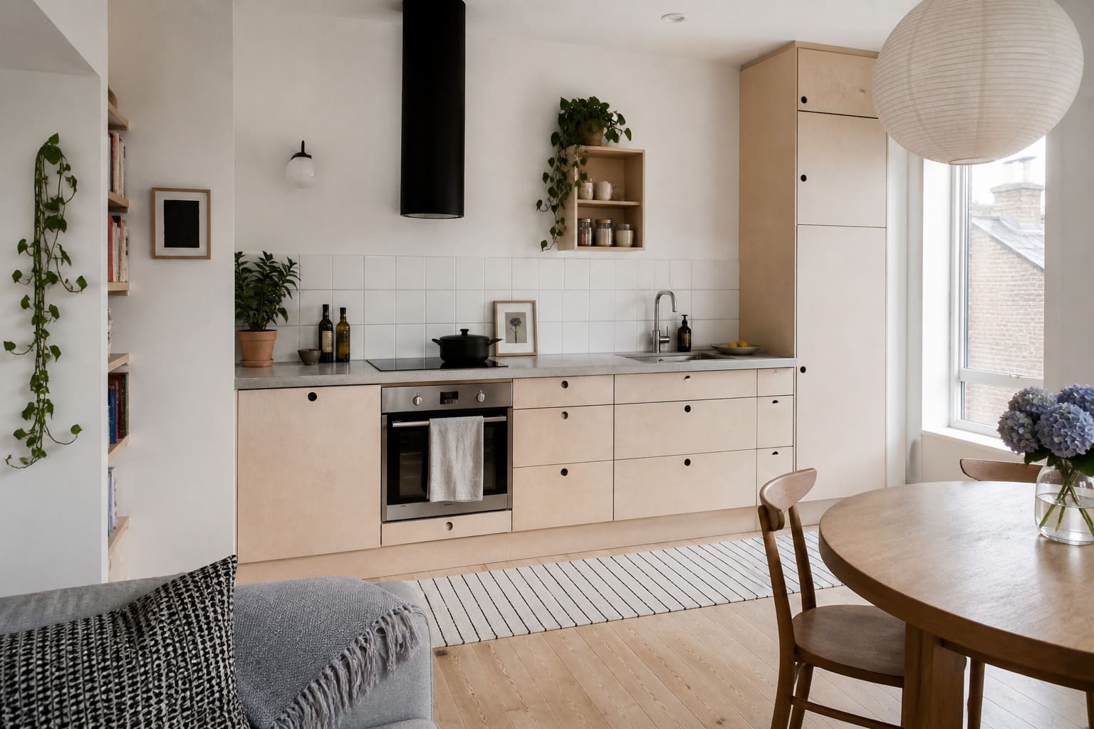 Scandinavian kitchen W London off white cabinets wooden island - Illustrative Image