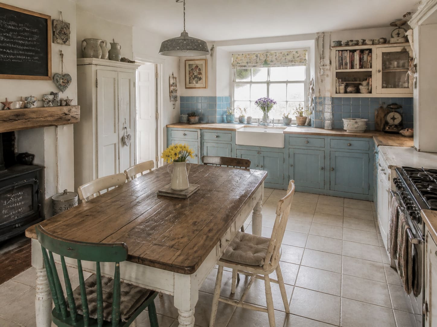 Shabby chic kitchen Bedfordshire distressed cabinetry wooden dining table - Illustrative Image
