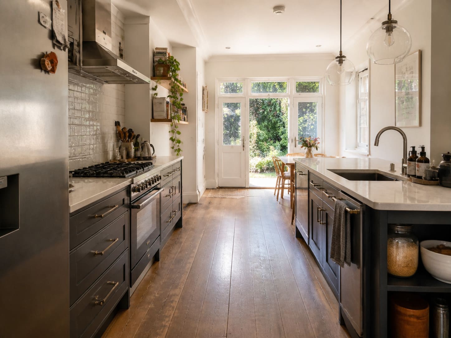 Transitional kitchen Hertfordshire wood flooring and white marble tops - Illustrative Image