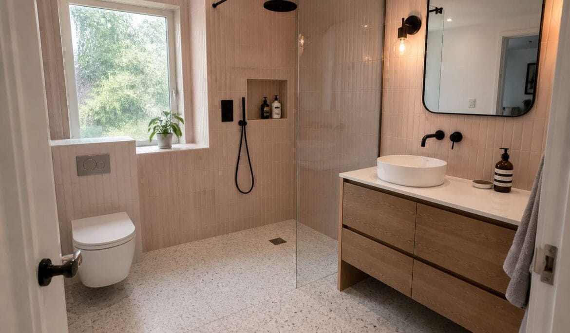 Wet room NW London black fixtures glass partition - Illustrative Image