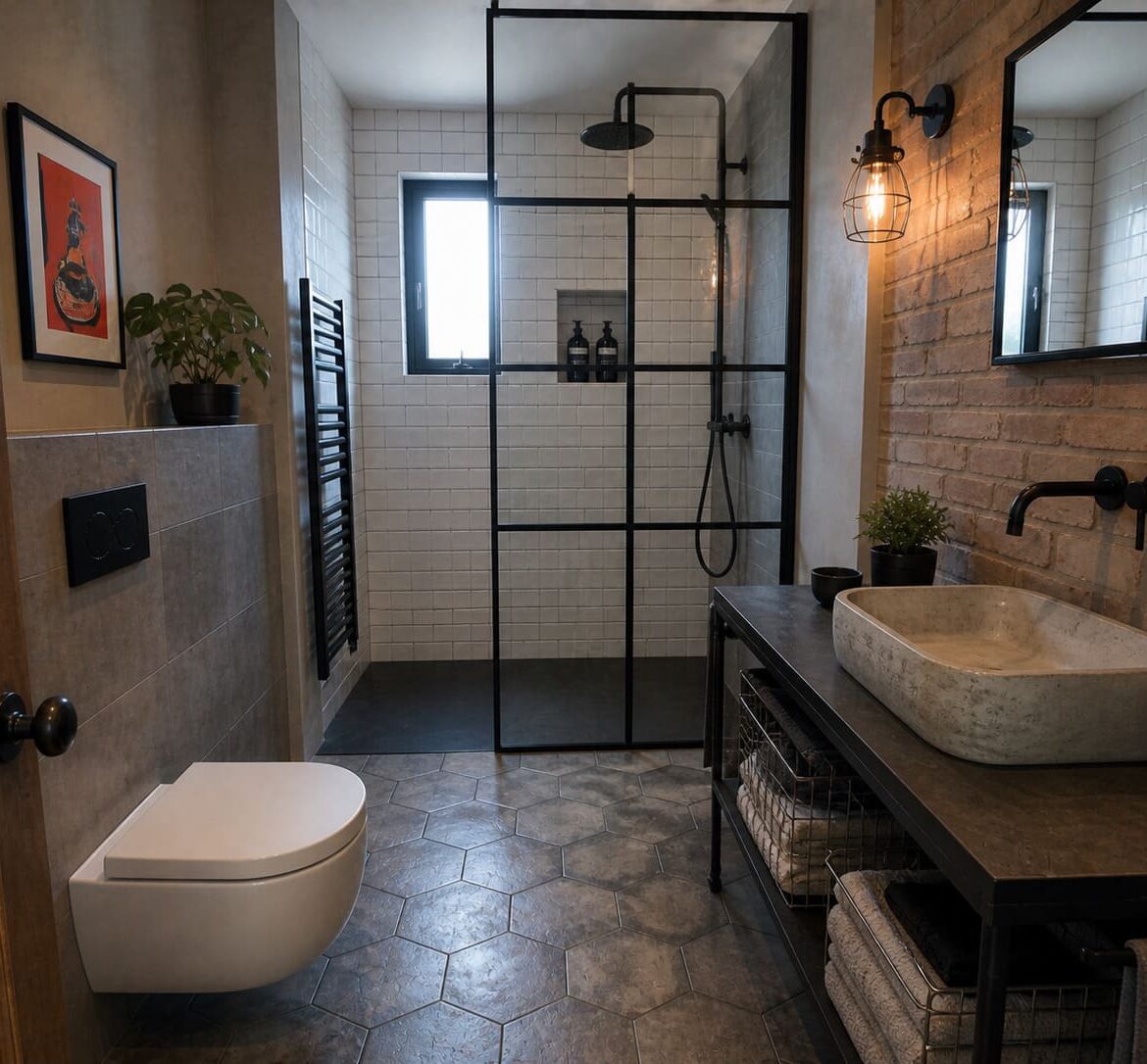 Wet room NW London black fixtures glass shower modern layout - Illustrative Image Wet room NW London black fixtures glass shower modern layout - Illustrative Image