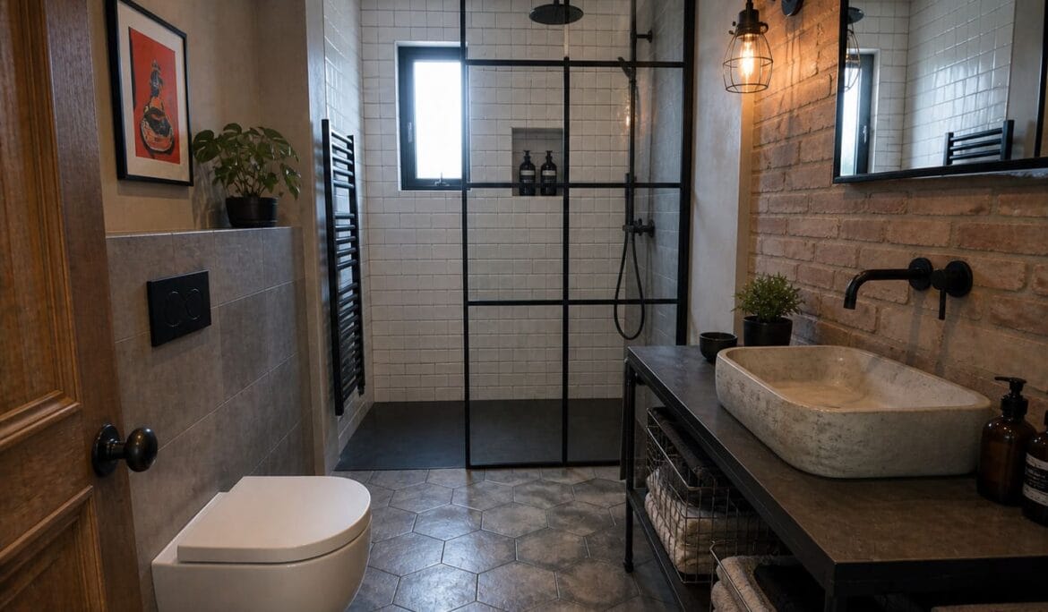 Wet room NW London black fixtures glass shower modern layout - Illustrative Image