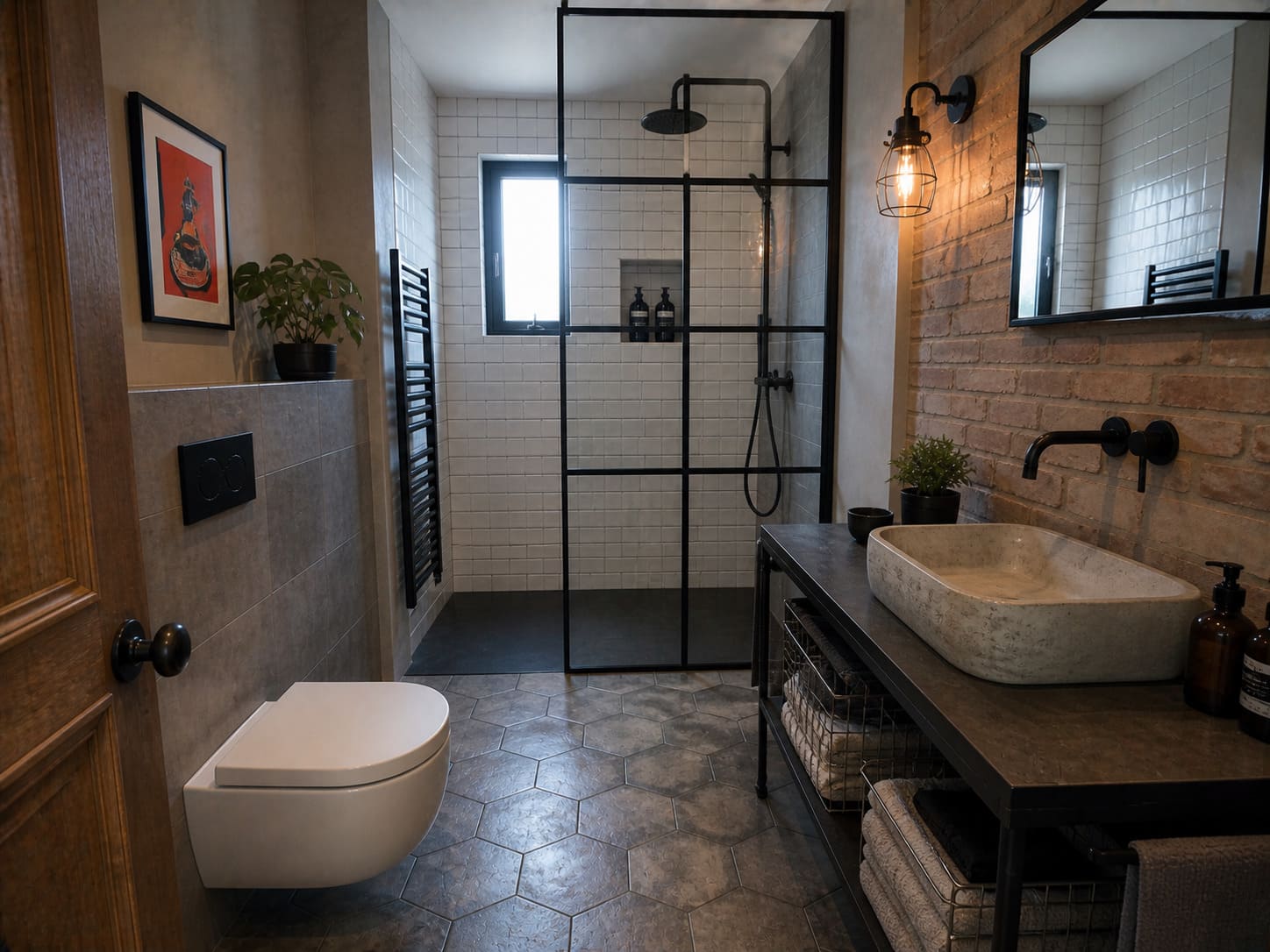 Wet room NW London black fixtures glass shower modern layout - Illustrative Image