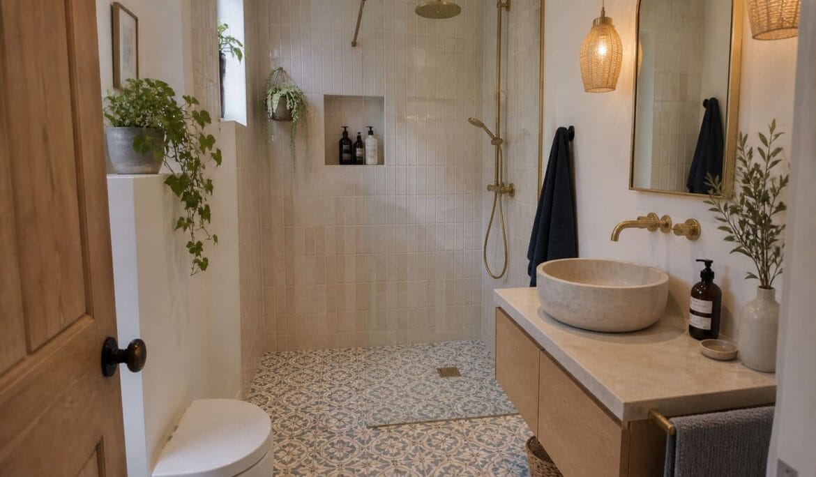 Wet room NW London glass partition gold fixtures - Illustrative Image