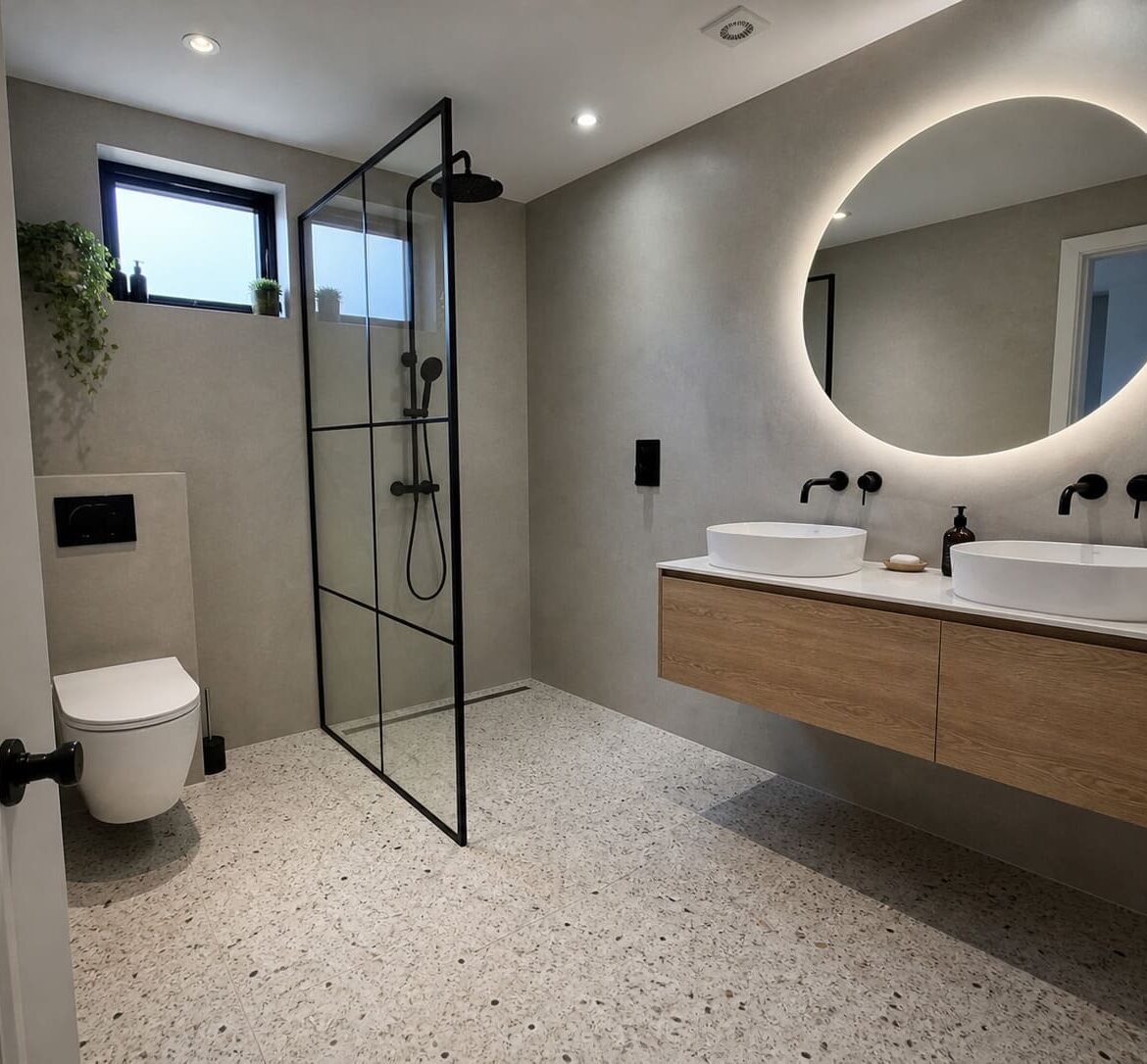 Wet Room W London minimalist glass partition black fixtures - Illustrative Image Wet Room W London minimalist glass partition black fixtures - Illustrative Image