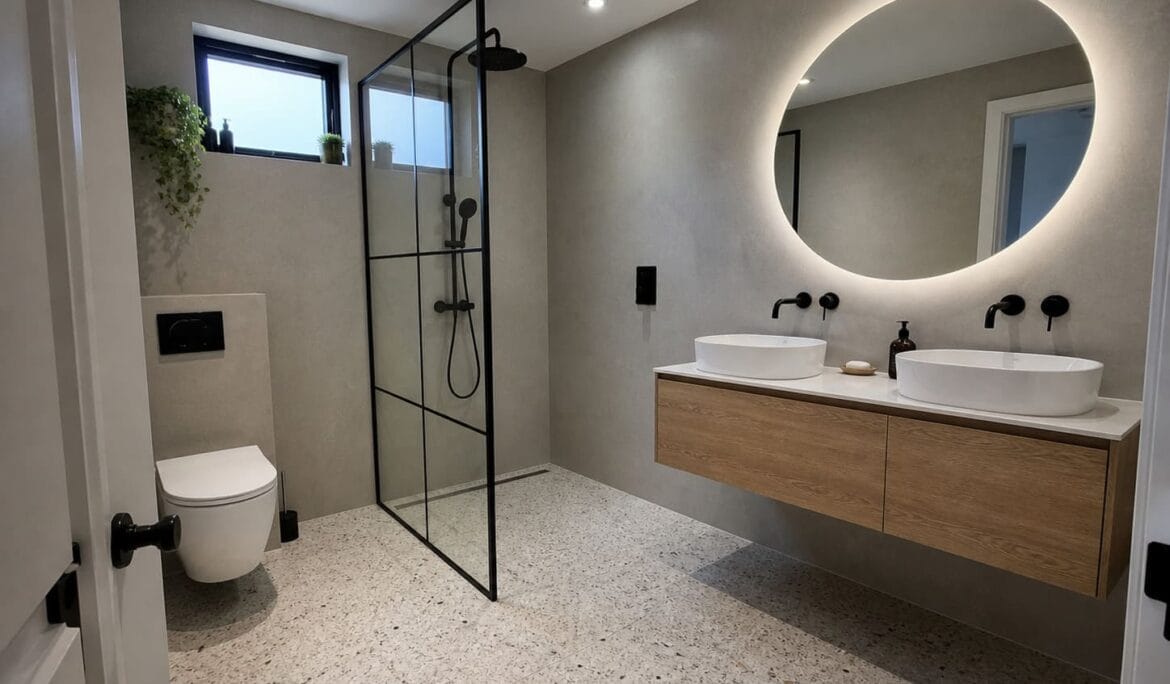 Wet Room W London minimalist glass partition black fixtures - Illustrative Image