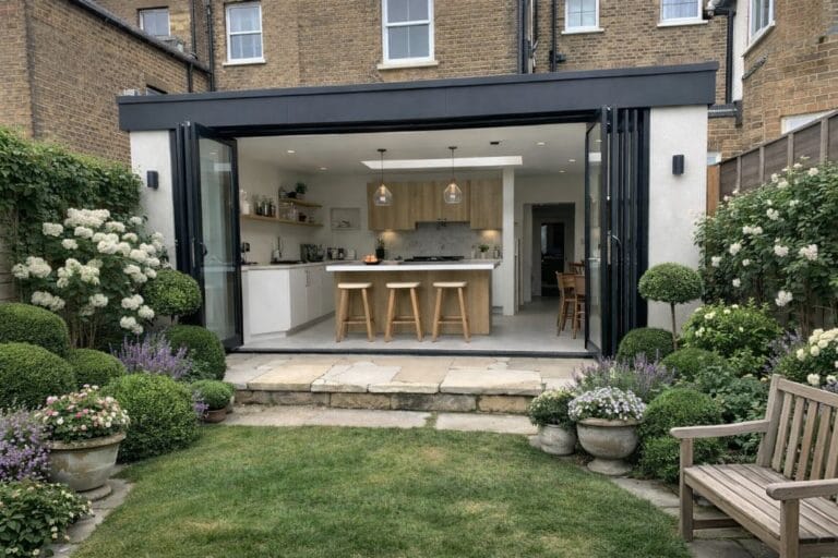 an illustrative image of a modern rear home extension in London viewed from a small garden