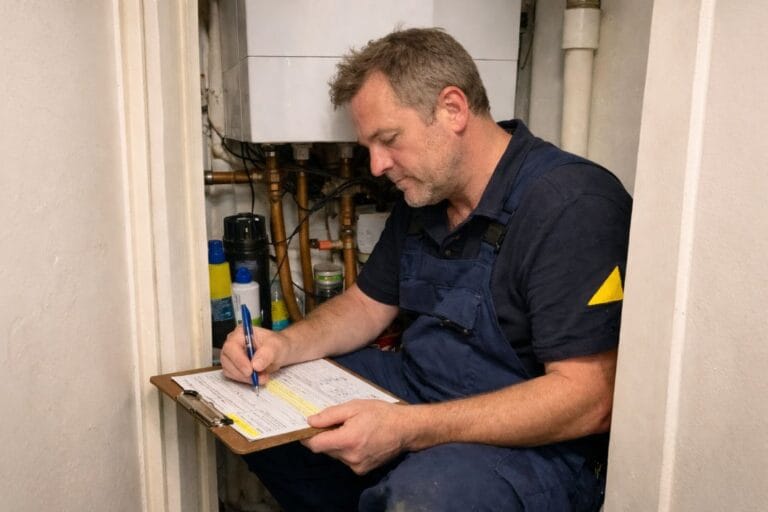 an illustrative image of a British Gas Safe registered engineer completing a maintenance log after servicing a boiler