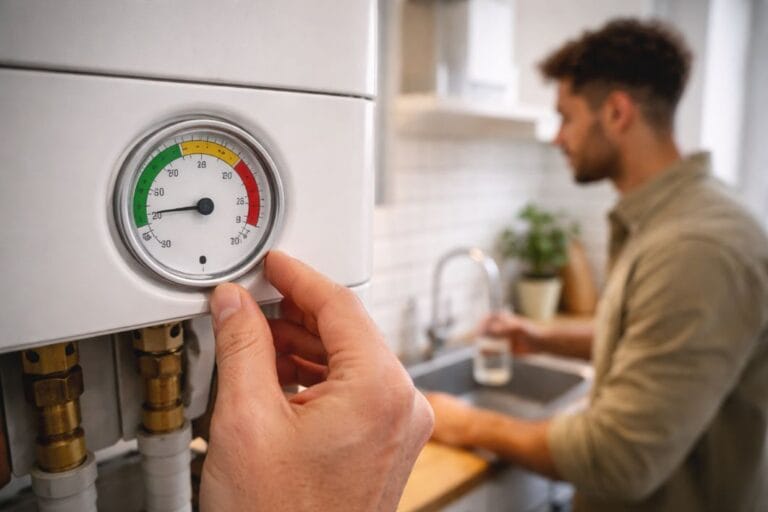 an illustrative image of a close-up of a boiler pressure gauge showing a low reading, fitted on a modern combi boiler