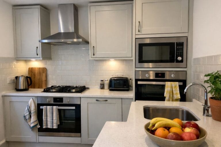 an illustrative image of a completed, modern kitchen in a period Hertfordshire terraced house