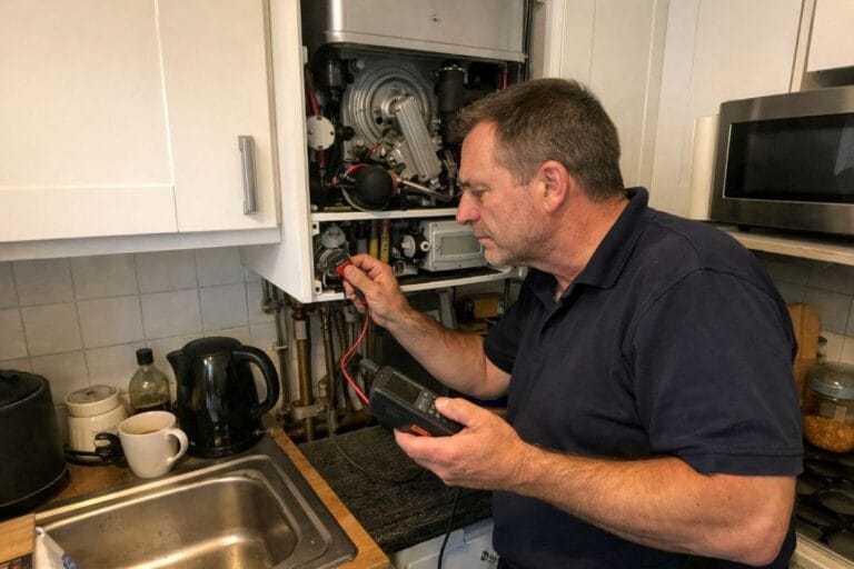 an illustrative image of a heating engineer examining a gas boiler inside a compact London flat kitchen