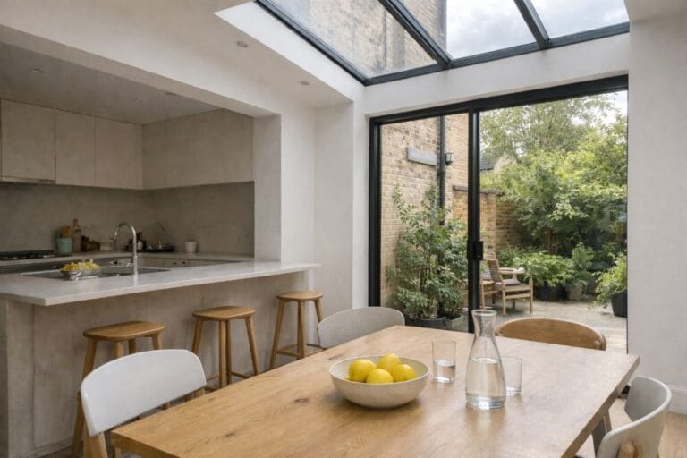 an illustrative image of a kitchen and dining area in a renovated London Victorian terrace