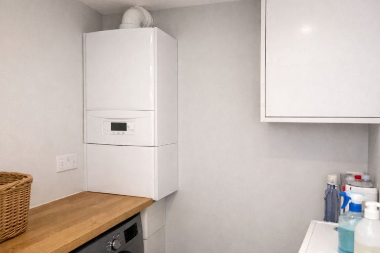an illustrative image of a new condensing boiler neatly installed in a small modern utility room,