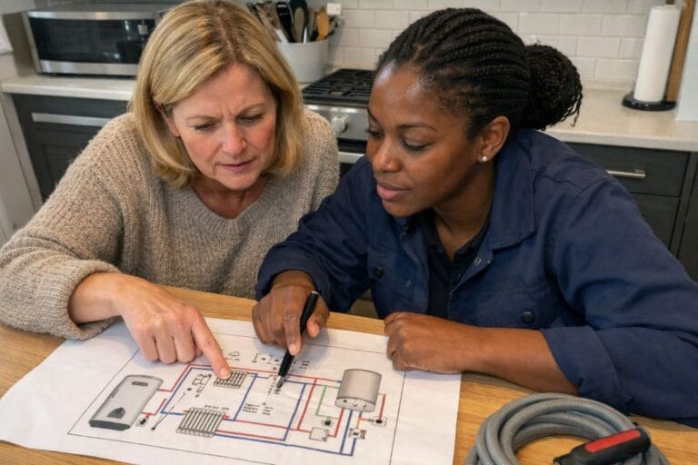 an illustrative image of a woman discussing a plumbing issue with an engineer in a kitchen, both focused on a diagram of a heating system