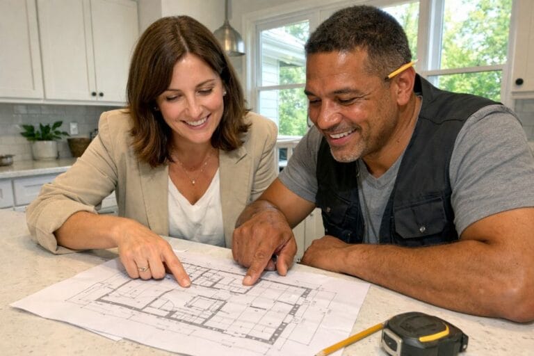 an illustrative image of a woman reviewing kitchen renovation plans with a builder in suburban kitchen