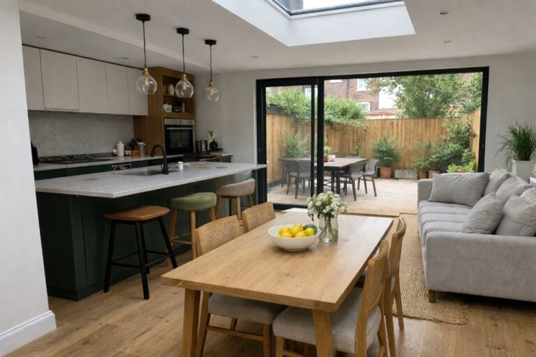 an illustrative image of an n open-plan kitchen and dining area in a freshly completed London rear extension