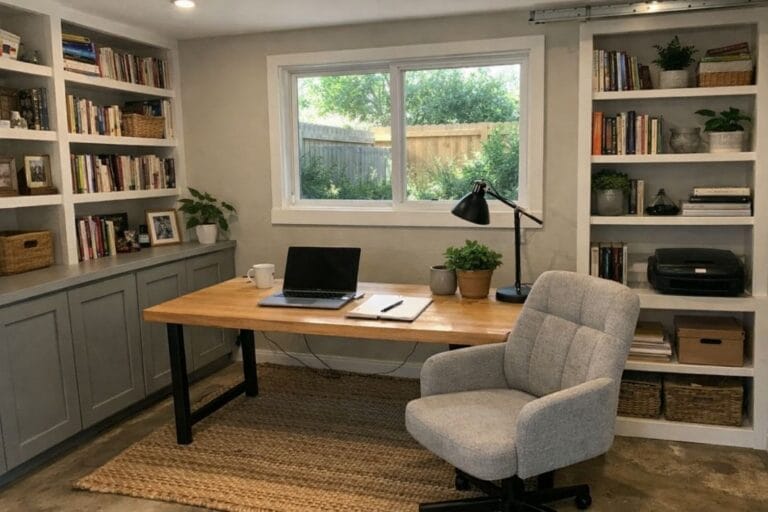 an illustrative image of newly converted garage turned into a bright home office