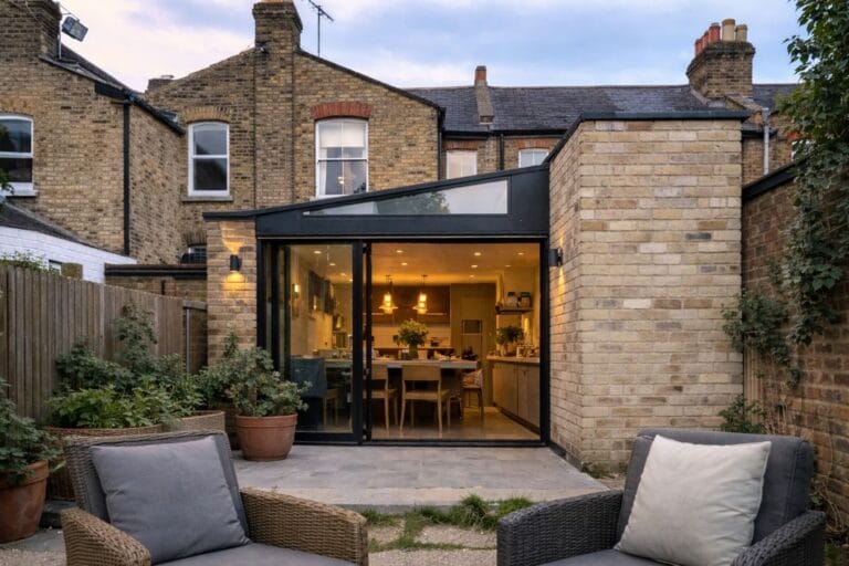 an illustrative image of the exterior of a London terrace with a completed side return extension visible from the garden