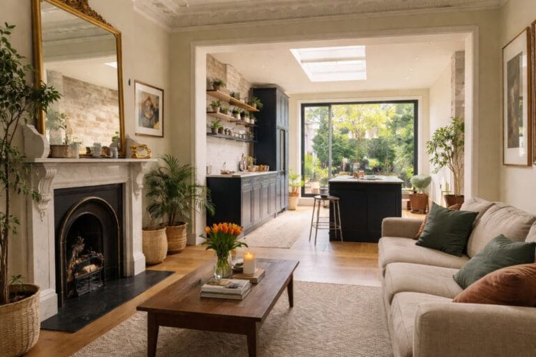 an illustrative image of an open-plan living space blending old and new, showing the original Victorian features alongside a contemporary side return kitchen